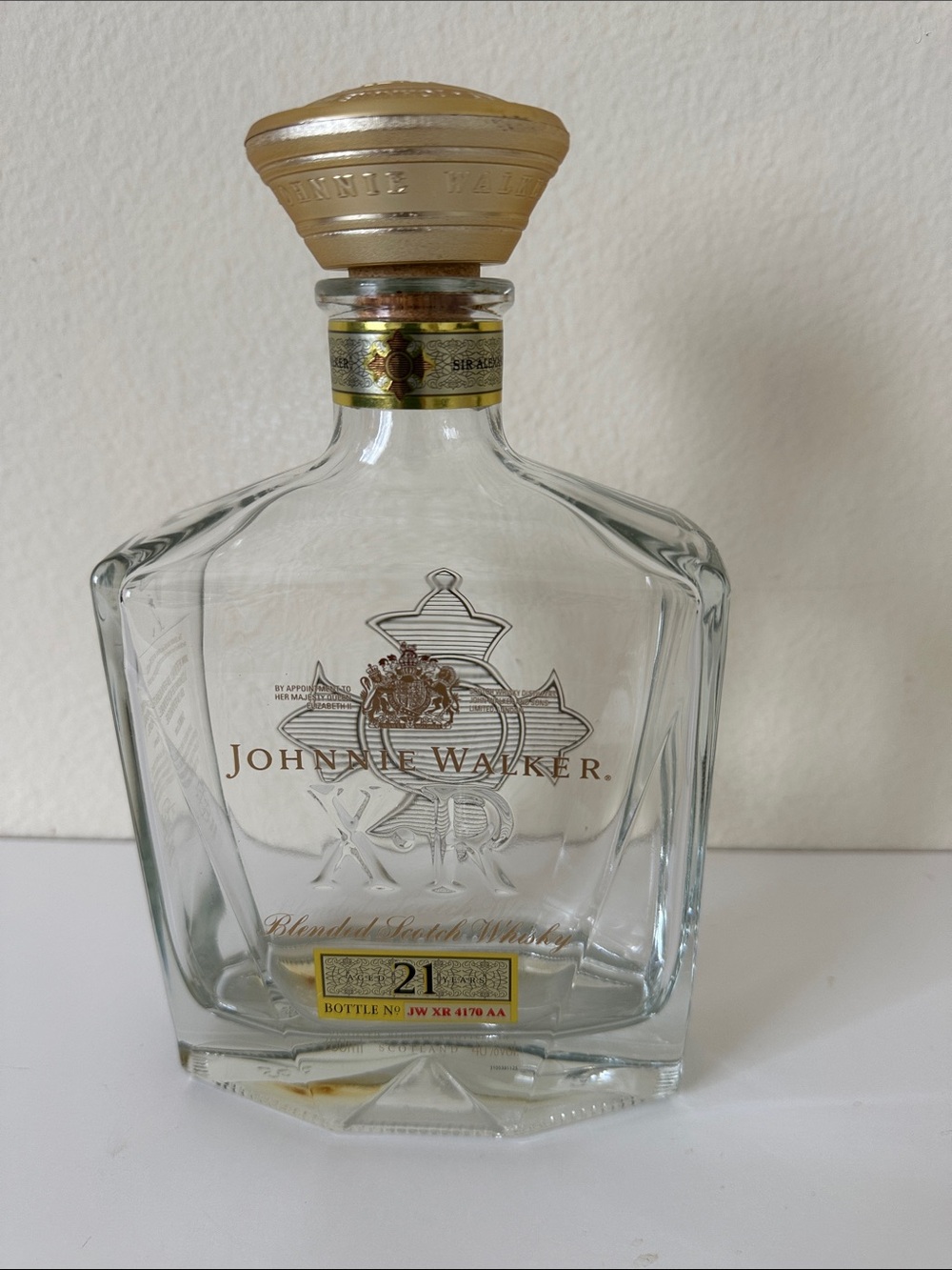 Empty Johnny Walker XR  21-Year Clear Glass Bottle Decanter with Gold Accents